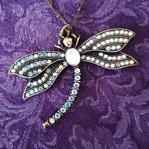Gorgeous Brasstone and Aurora Borealis Rhinestone Dragonfly Pendant Necklace.